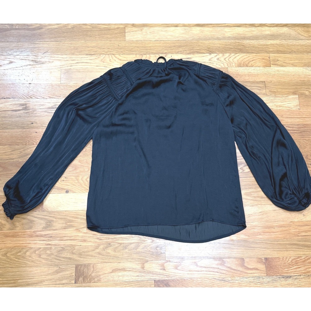 Black Ruffle Neck Tie Front Pleated Shoulder Balloon Sleeve Blouse Medium